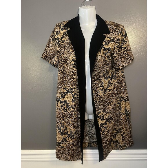 Studio I Petite Jacket Womens 12P Black Leopard Open Front Short Sleeve Blazer - Picture 1 of 7
